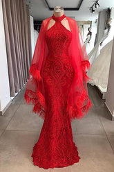 Evening Dresses Long Red Lace Cocktail Dress